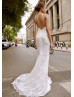 Halter Beaded Ivory Eyelash Lace Backless Wedding Dress